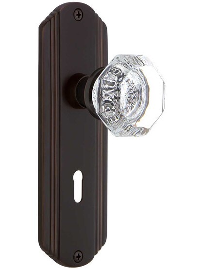 Streamline Moderne Mortise Lock Set With Waldorf Crystal Knobs in Timeless Bronze.